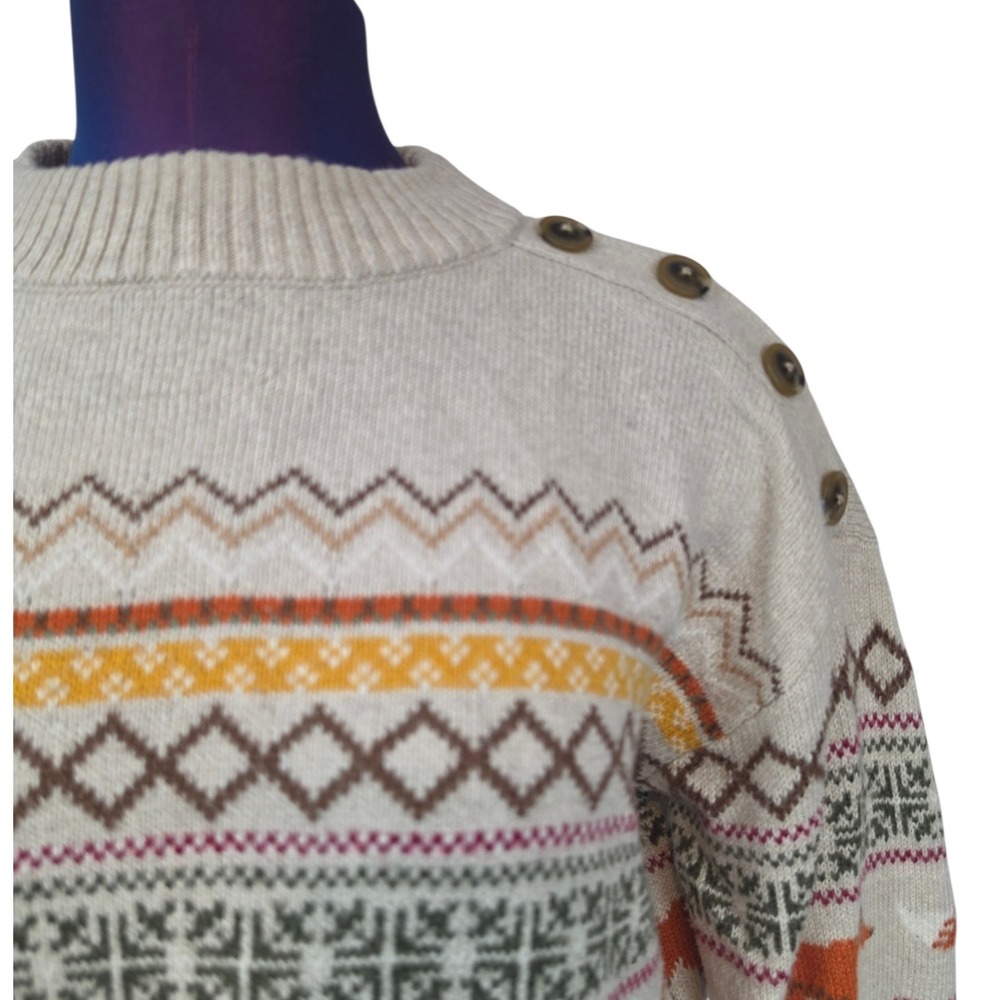 Talbots Womens Fox Fair Isle Button Shoulder Sweater Oatmeal Orange Size M - Picture 2 of 7